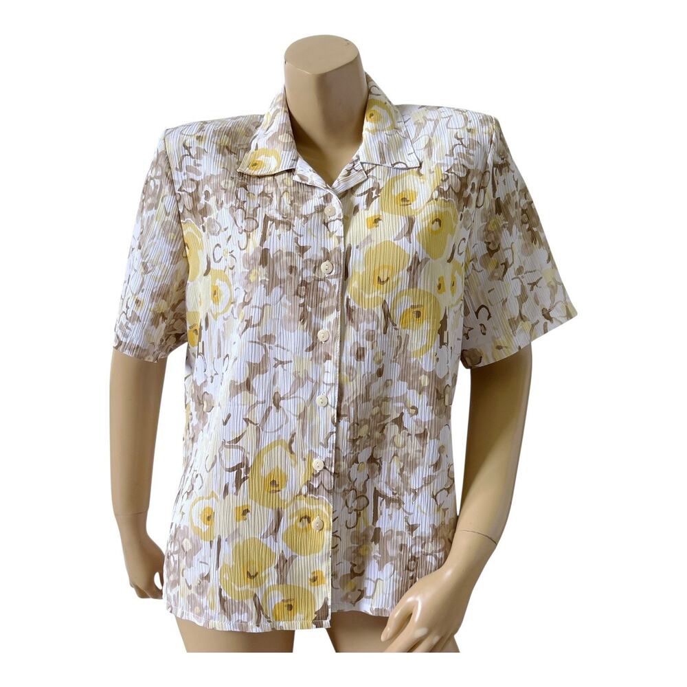 Alia Button Up Blouse Womens Petite 12P Yellow White Career Top Cottagecore